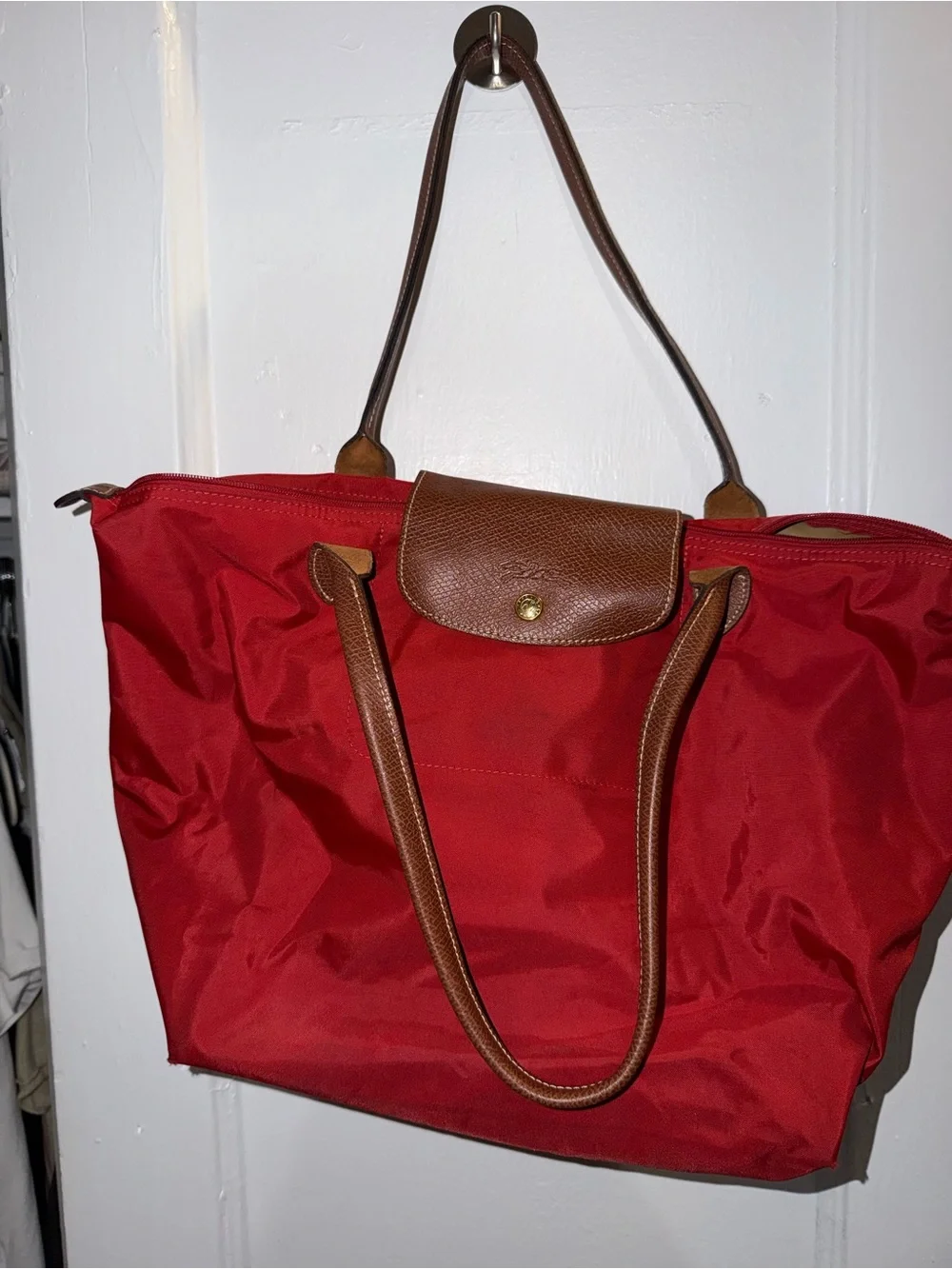 Longchamp Coral Tote with Brown Leather Trim